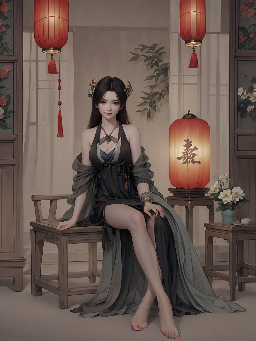 00003-935592675-caoying,1girl,solo,light smile,closed mouth,hair ornament,jewelry,(huge breasts),barefoot,feet,toes,red toenails,(dress_1.3),sit.png